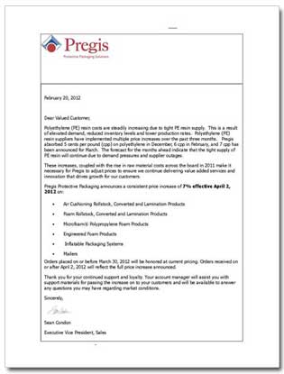 Pregis Increase Letter